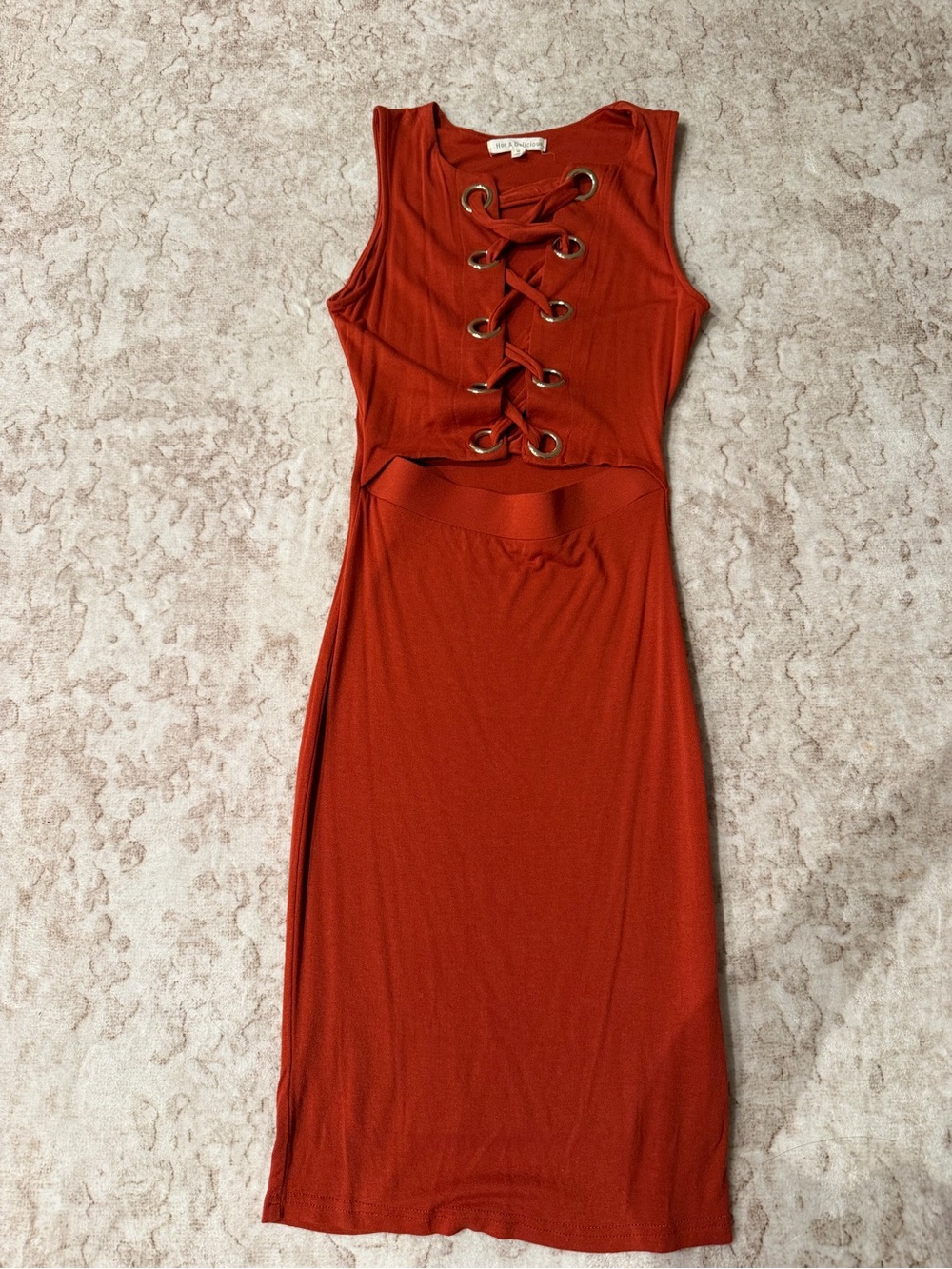 Sleeveless Lace-Up Midi Dress in Orange Rust